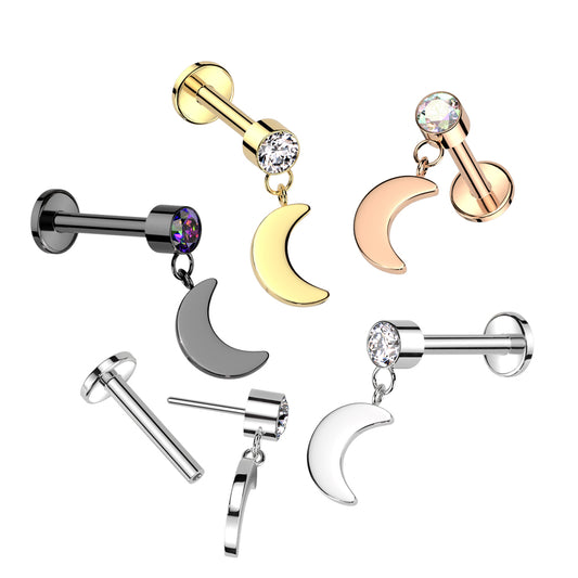 Premium G23 Titanium Luxe Moon Dangle Threadless Flat Back 18g-14g