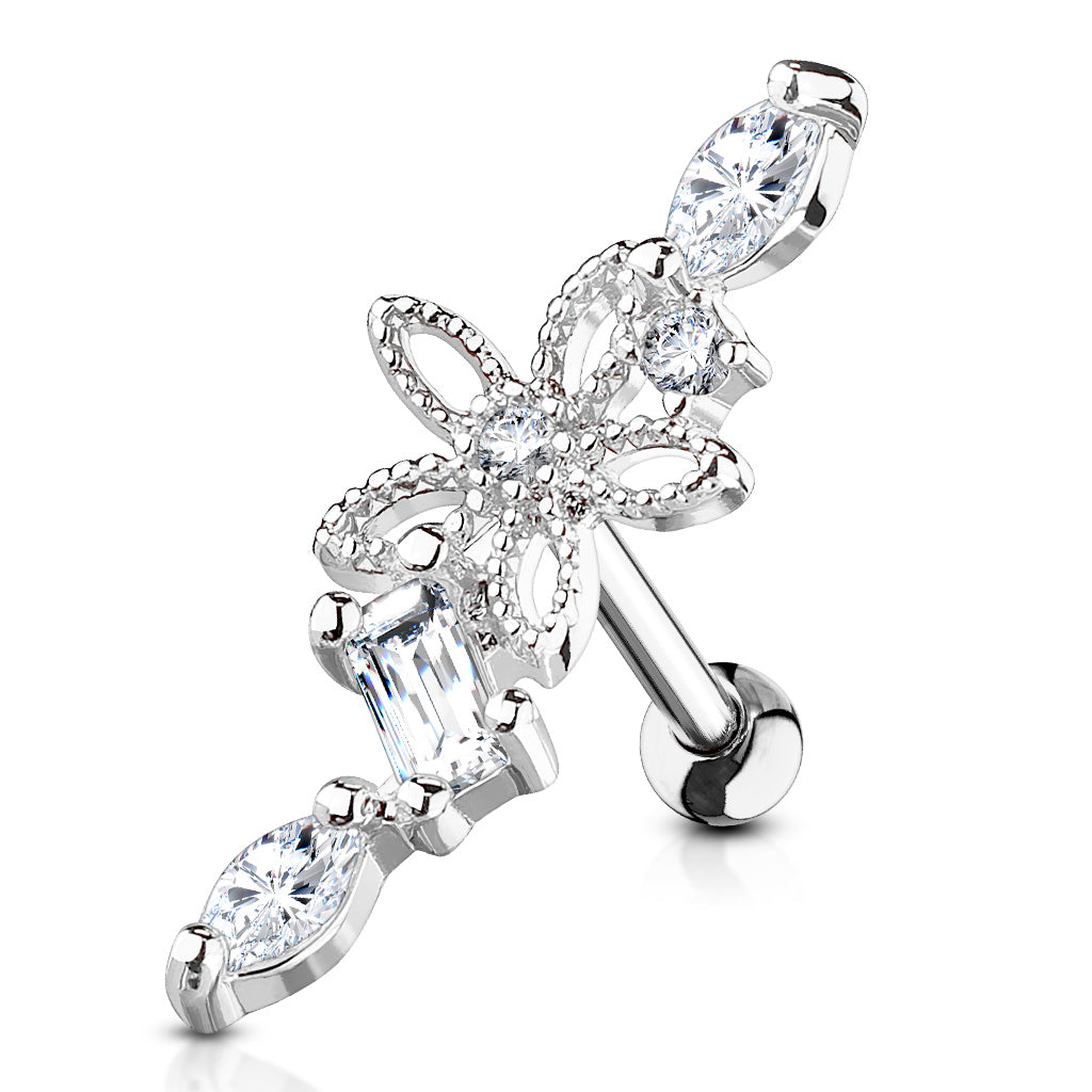 Claw-Set Crystal + Filigree Flower Curve Ball Back 16g