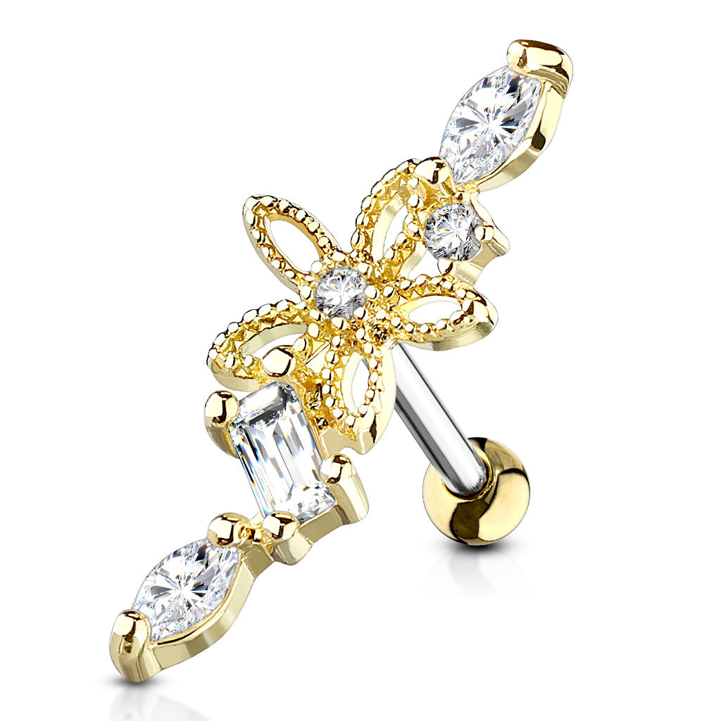 Claw-Set Crystal + Filigree Flower Curve Ball Back 16g
