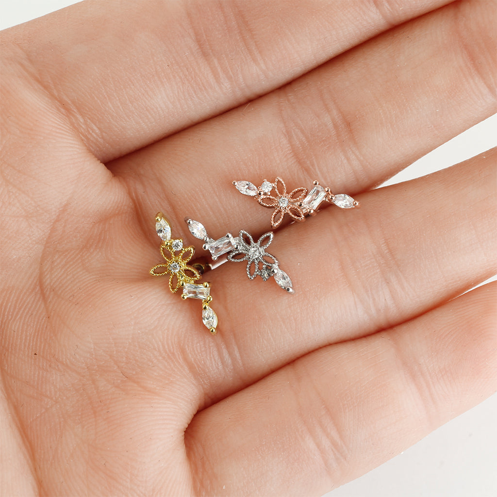 Claw-Set Crystal + Filigree Flower Curve Ball Back 16g