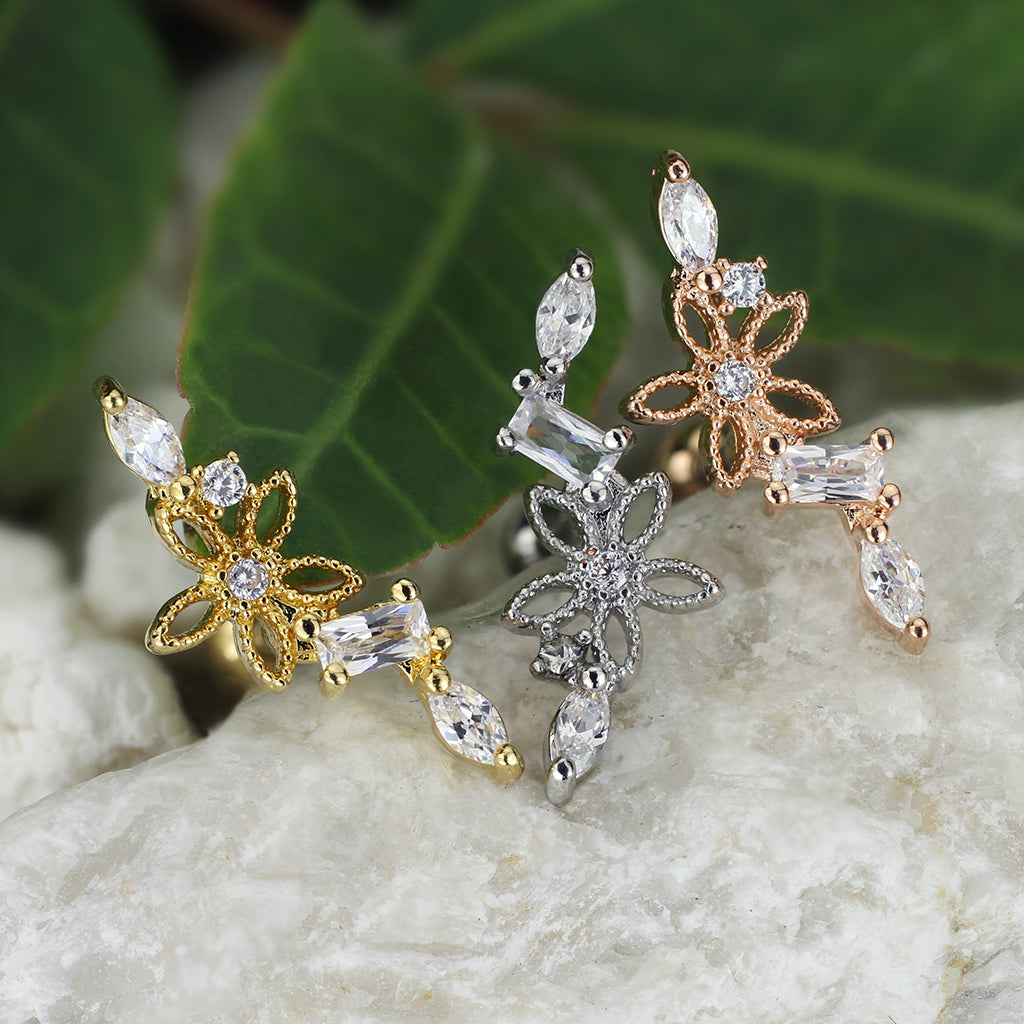 Claw-Set Crystal + Filigree Flower Curve Ball Back 16g