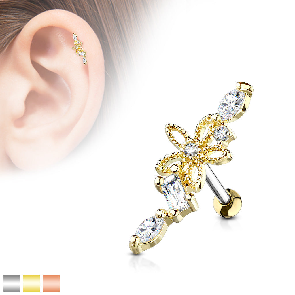 Claw-Set Crystal + Filigree Flower Curve Ball Back 16g