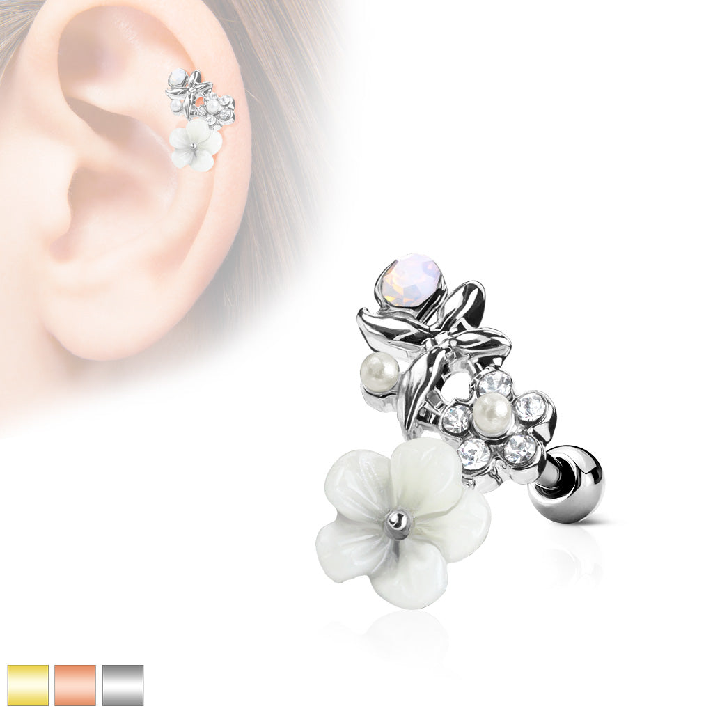 Carved Flower & Crystal Cluster Ball Back 16g