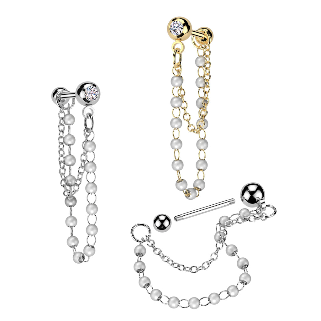 Double Chain & Pearl Bezel-Set Crystal Ball Back 16g