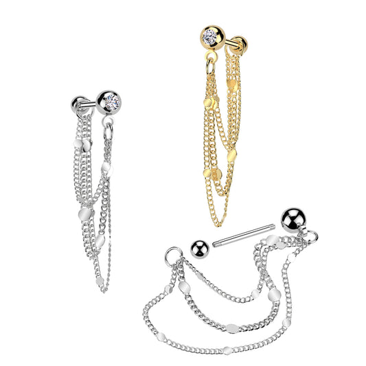 Triple Chain & Sequin Drape Bezel-Set Crystal Ball Back 16g