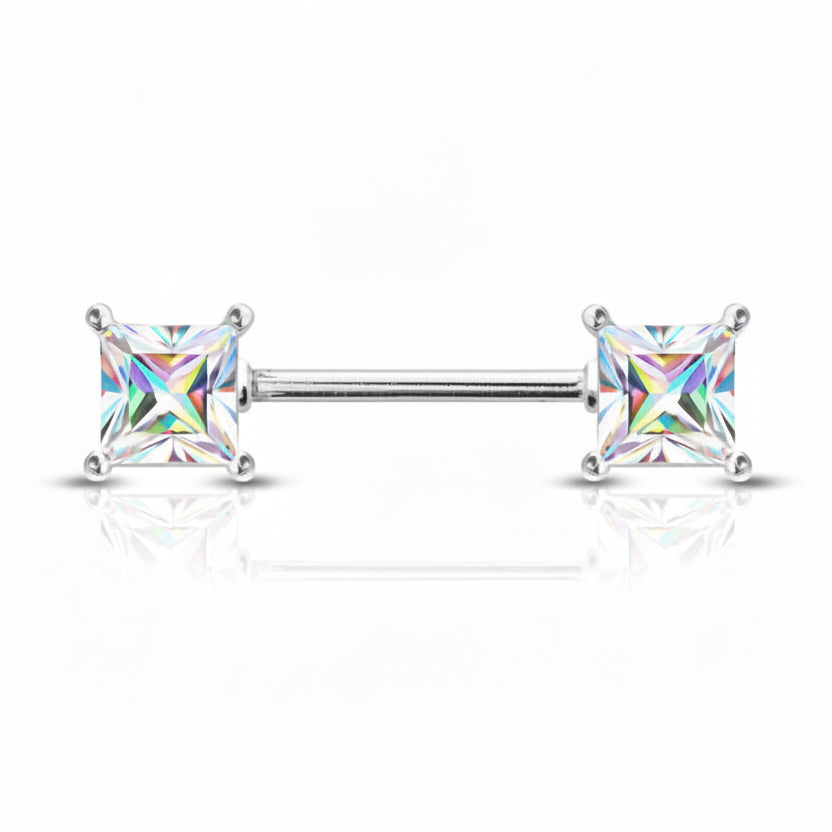 Premium Claw-Set Princess Cut Crystal Nipple Barbell 14g