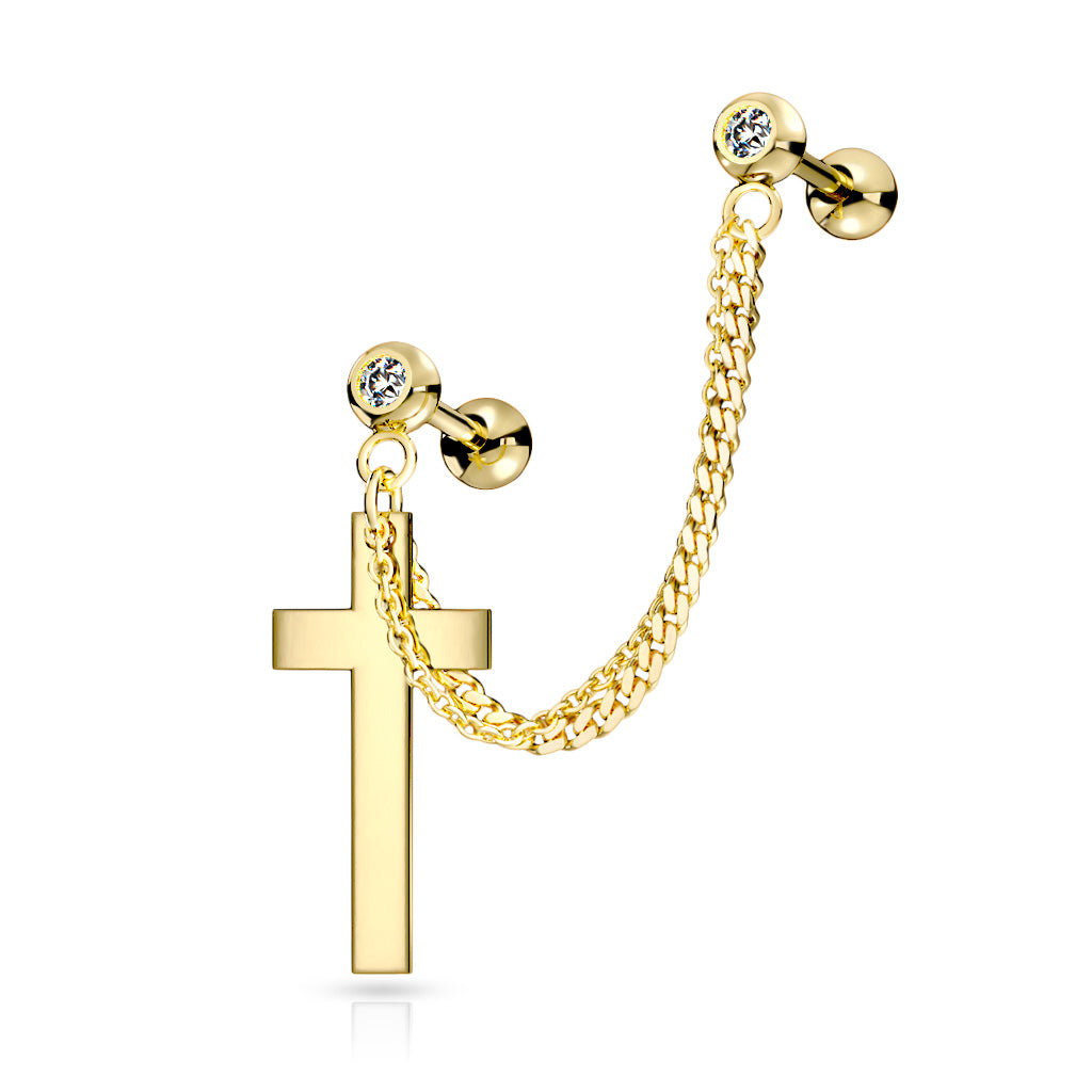 Premium Surgical Steel Cross + Double Chain + Double Bezel-Set Crystal Ball Back 16g