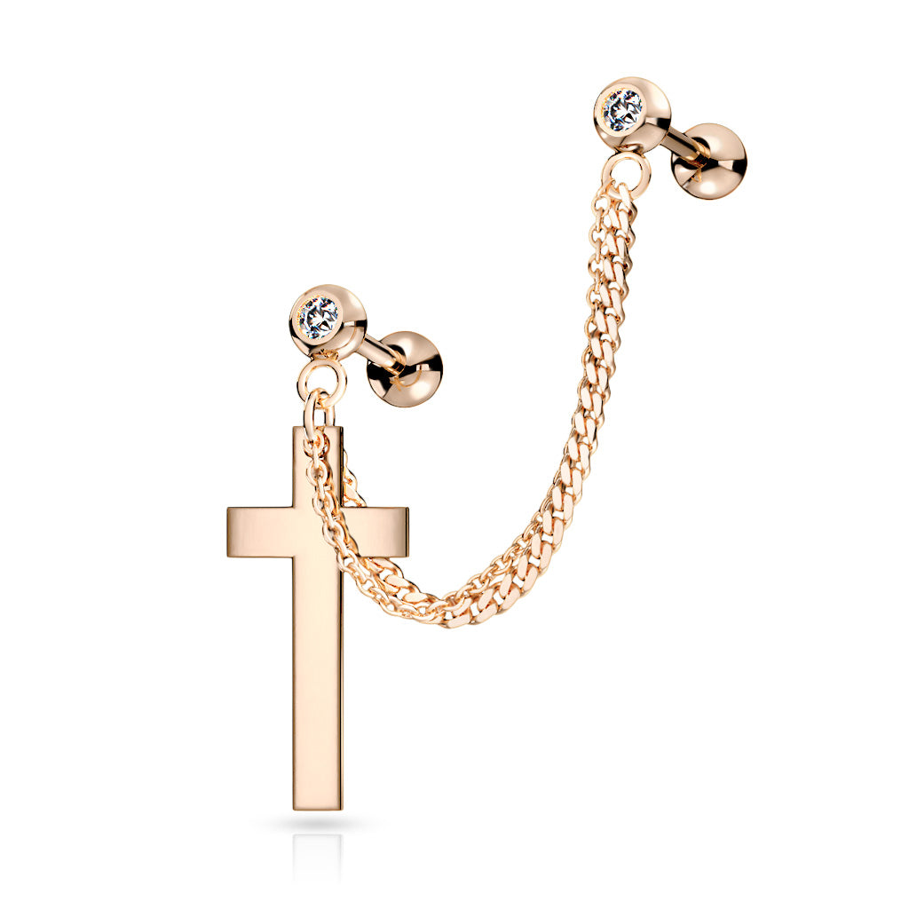 Premium Surgical Steel Cross + Double Chain + Double Bezel-Set Crystal Ball Back 16g