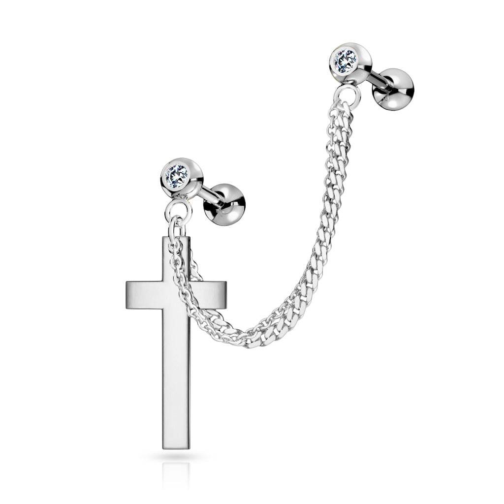 Premium Surgical Steel Cross + Double Chain + Double Bezel-Set Crystal Ball Back 16g