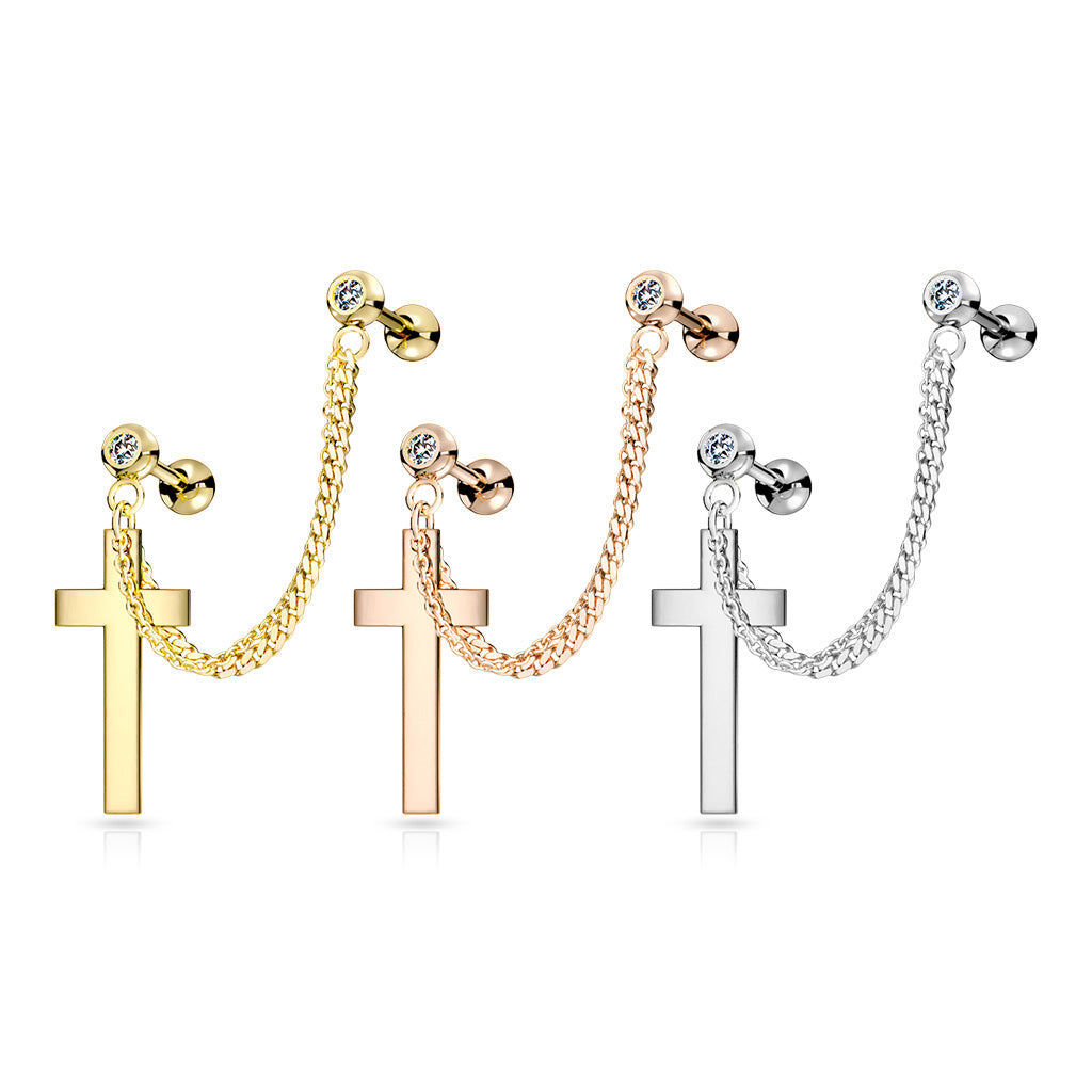 Premium Surgical Steel Cross + Double Chain + Double Bezel-Set Crystal Ball Back 16g