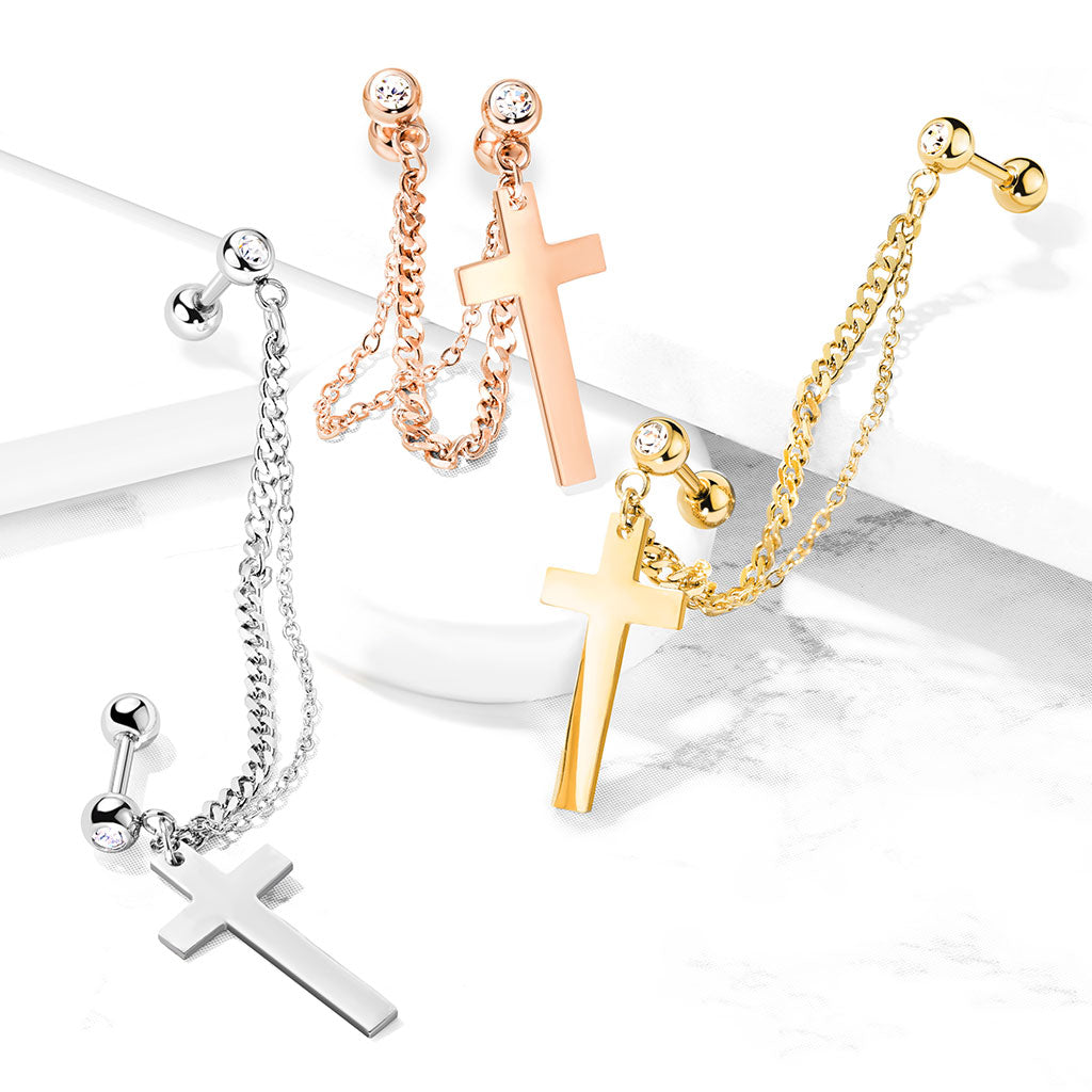 Premium Surgical Steel Cross + Double Chain + Double Bezel-Set Crystal Ball Back 16g