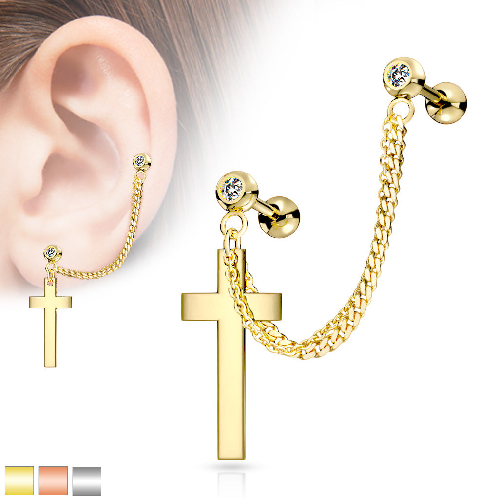 Premium Surgical Steel Cross + Double Chain + Double Bezel-Set Crystal Ball Back 16g