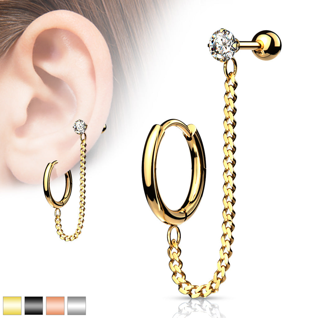 Surgical Steel Crystal Ball Back + Chain Earrings