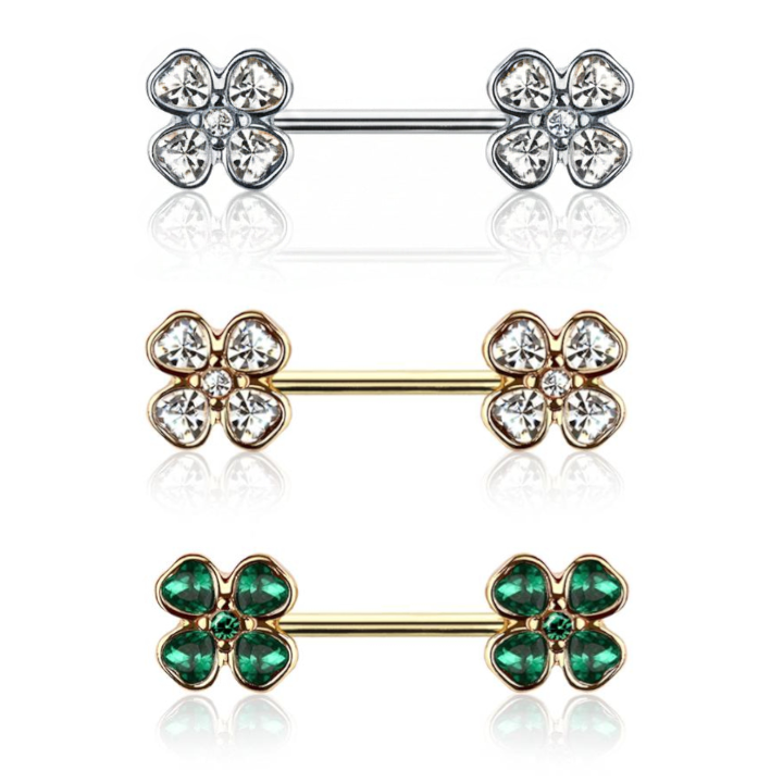 Four-Leaf Clover Crystal Nipple Barbell 14g