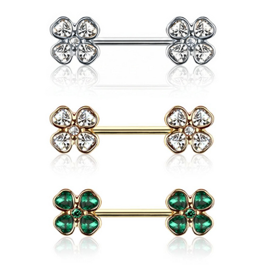 Four-Leaf Clover Crystal Nipple Barbell 14g