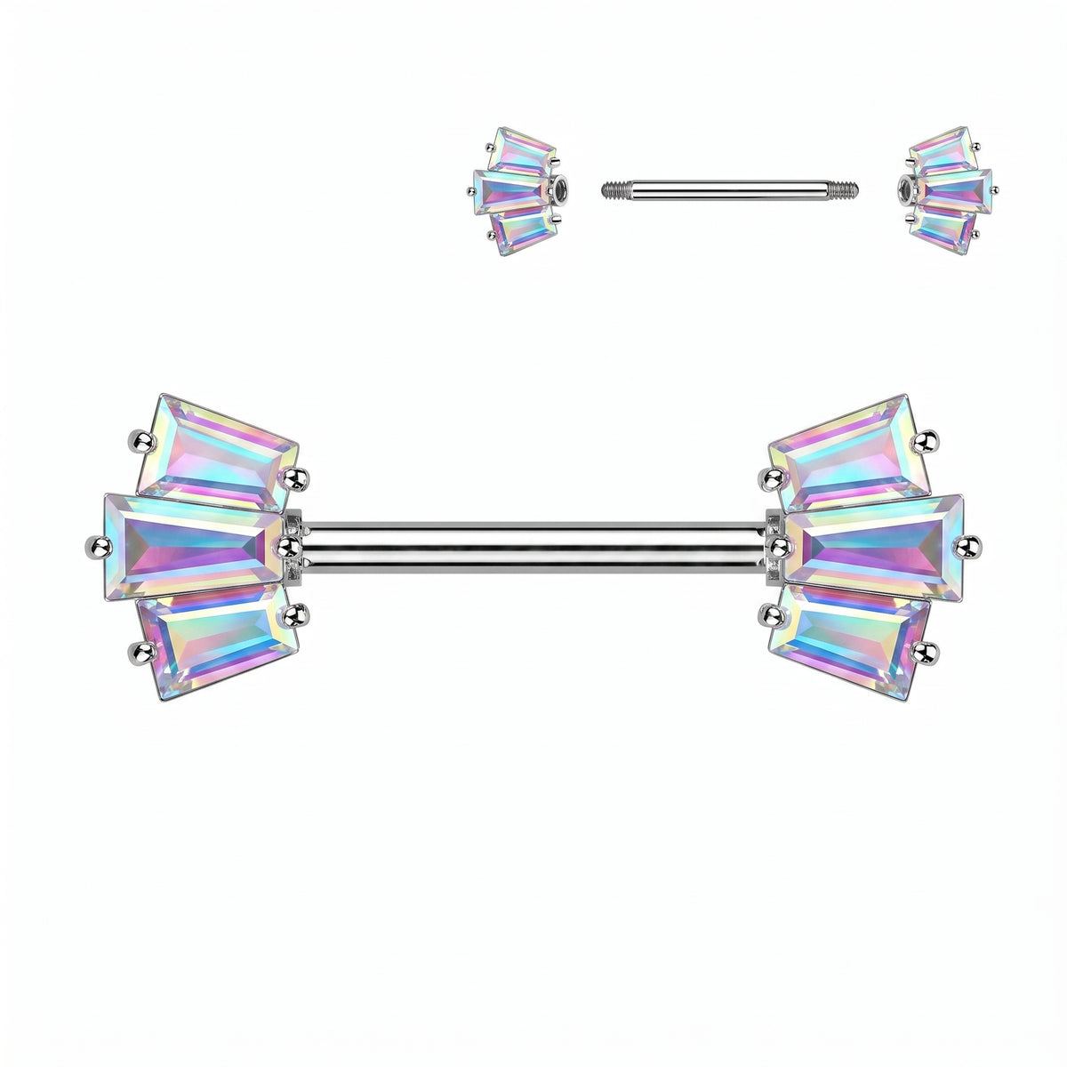 Claw-Set 3-Baguette Crystal Nipple Barbell 14g