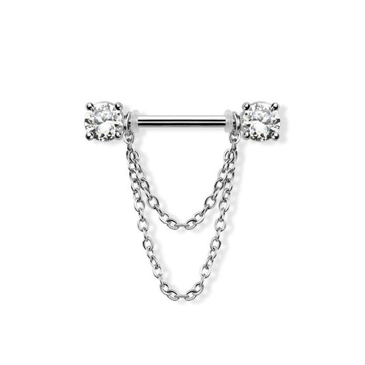 Chained Round Crystal Nipple Barbell 14g
