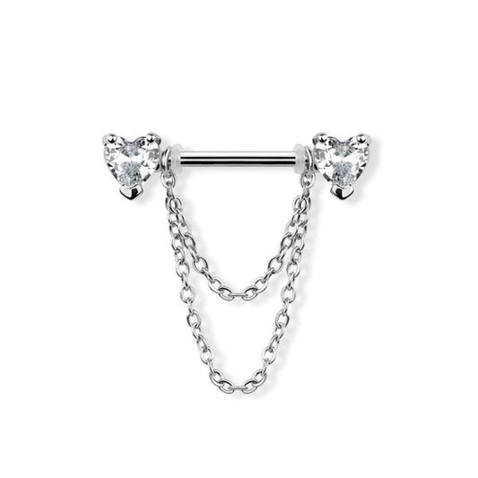 Chained Heart Crystal Nipple Barbell 14g