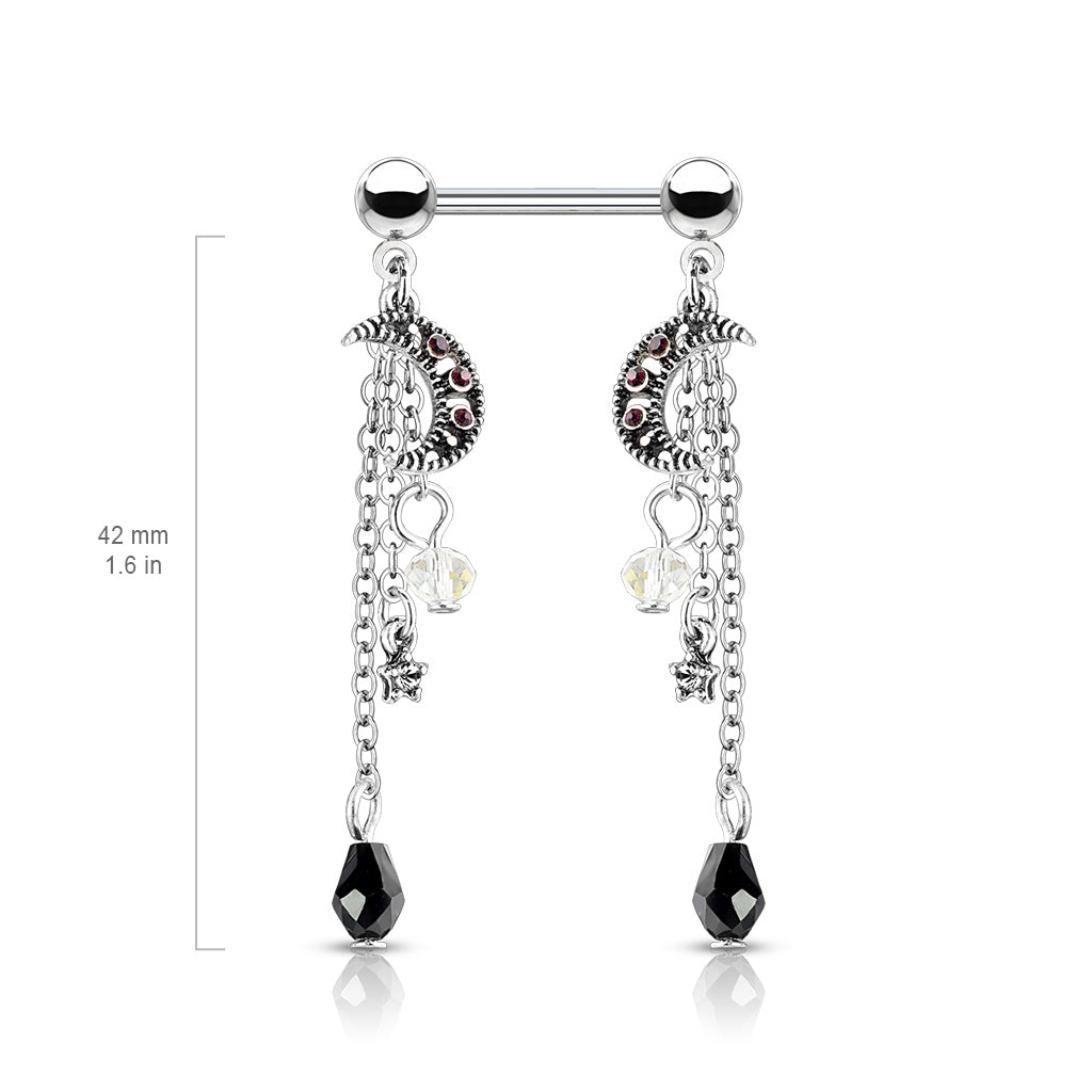 Celestial Moon & Star Dangle Nipple Barbell 14g