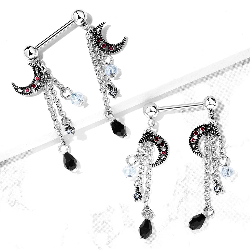 Celestial Moon & Star Dangle Nipple Barbell 14g