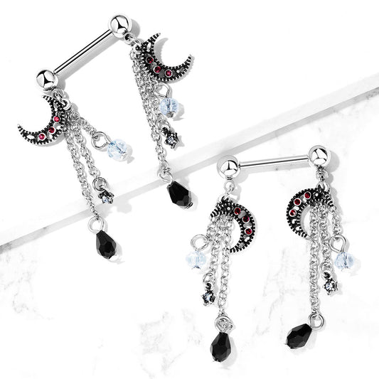 Celestial Moon & Star Dangle Nipple Barbell 14g