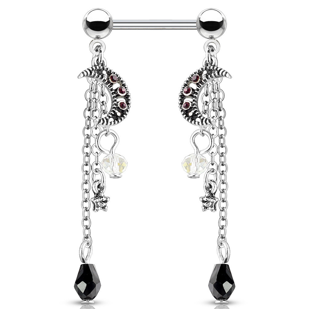Celestial Moon & Star Dangle Nipple Barbell 14g