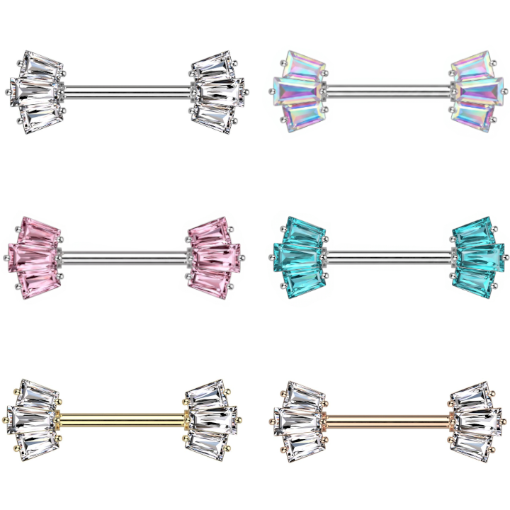 Claw-Set 3-Baguette Crystal Nipple Barbell 14g