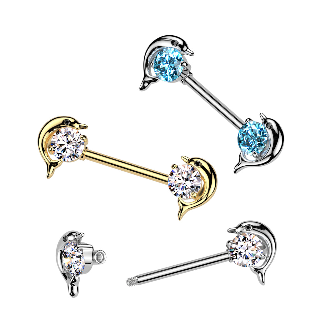 Dolphin Circle Crystal Nipple Barbell 14g