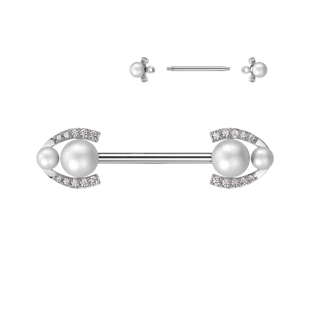 Double Pearl + Channel-Set Crystals Fancy Nipple Barbell 14g