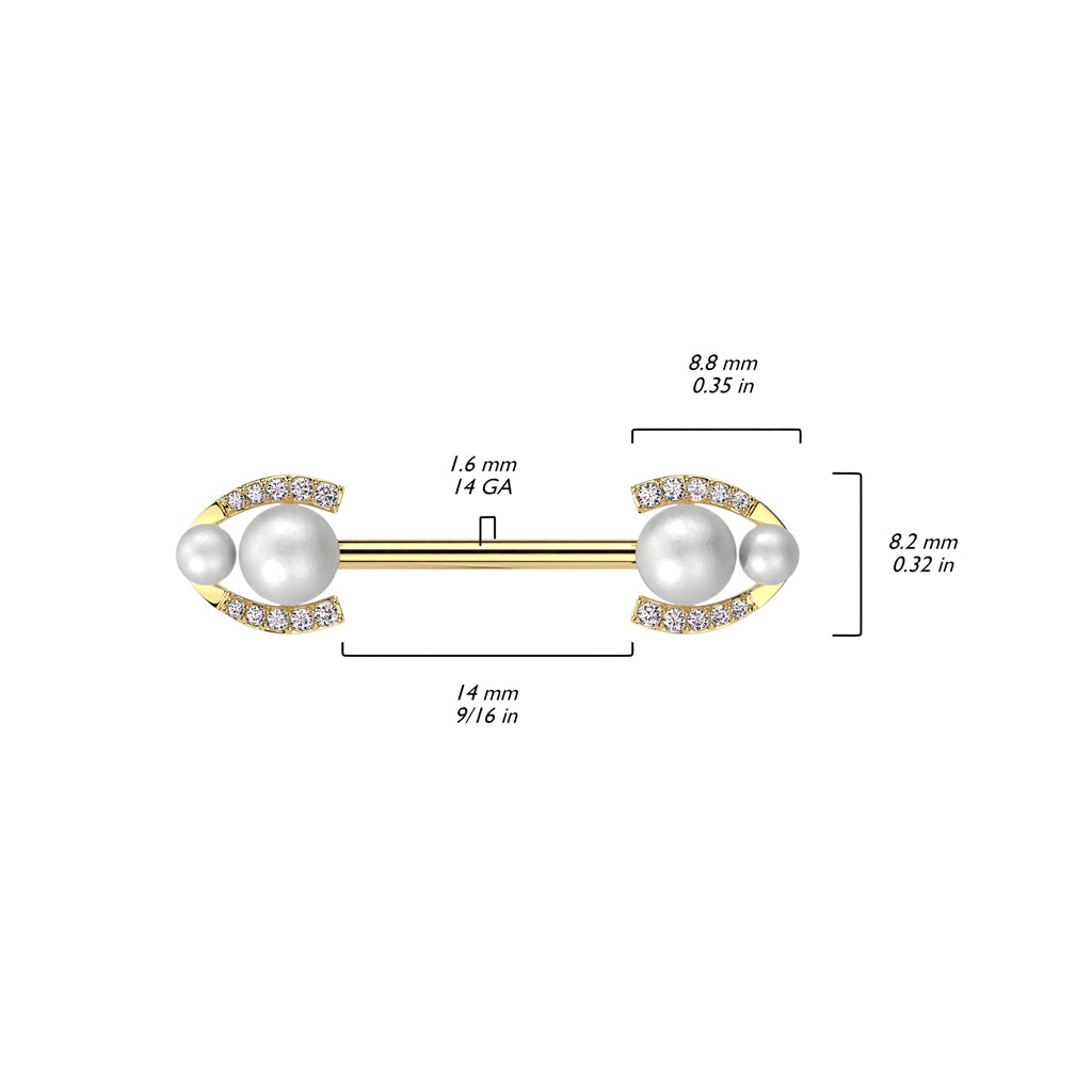 Double Pearl + Channel-Set Crystals Fancy Nipple Barbell 14g