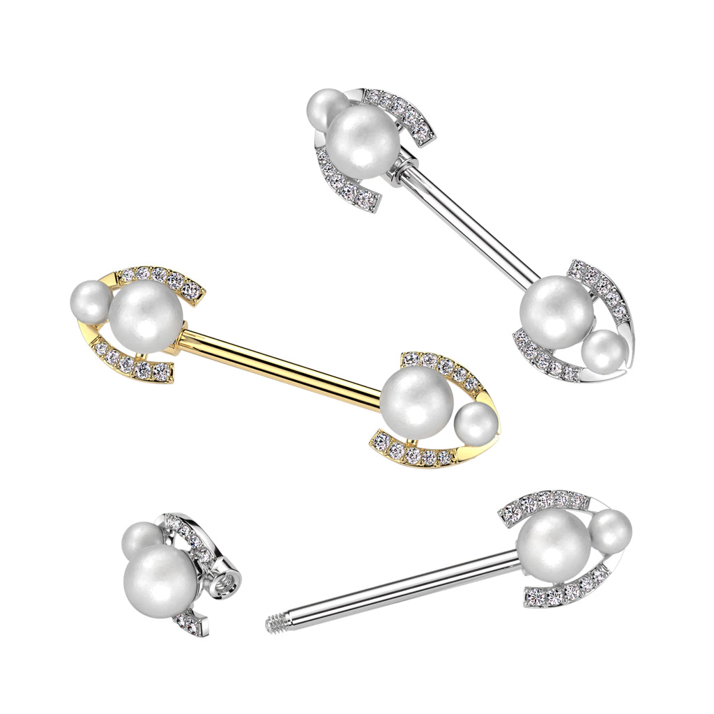 Double Pearl + Channel-Set Crystals Fancy Nipple Barbell 14g