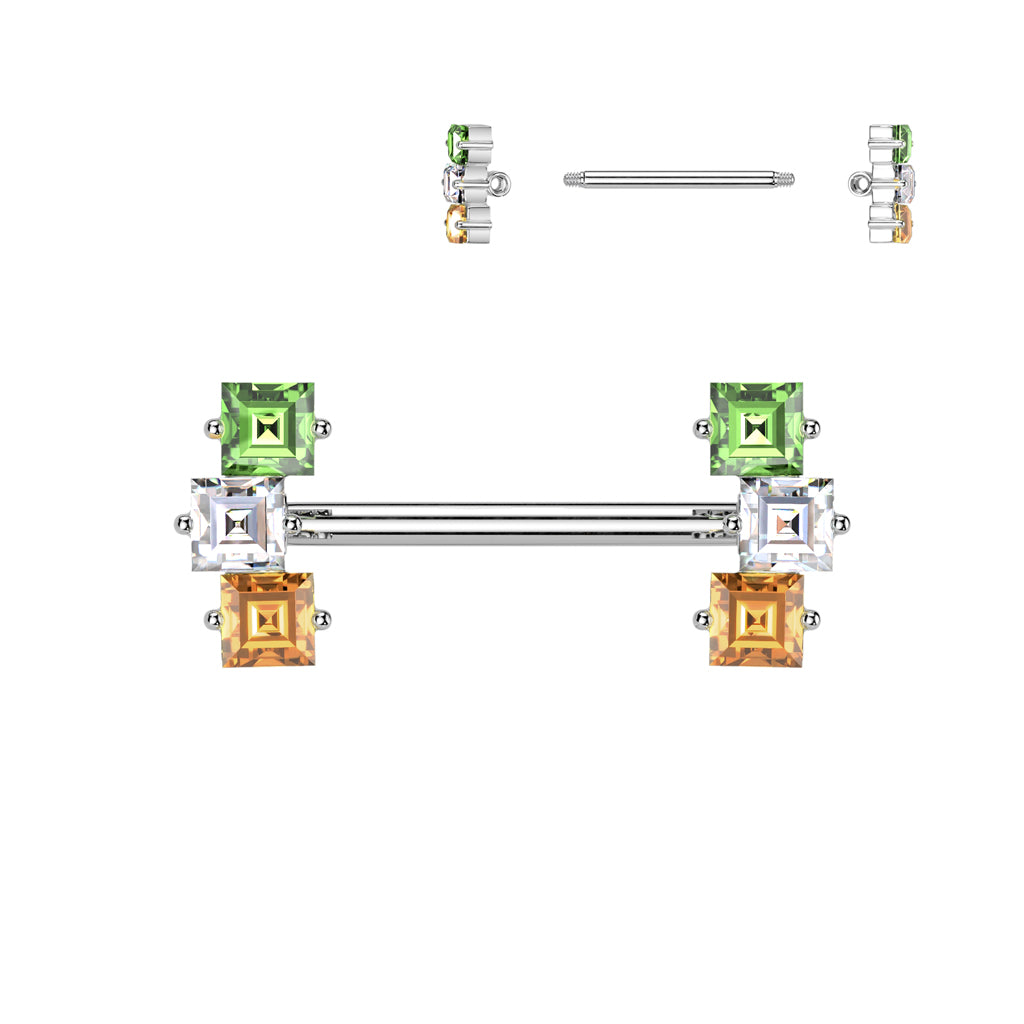 Multicolor Square Crystal Nipple Barbell 14g