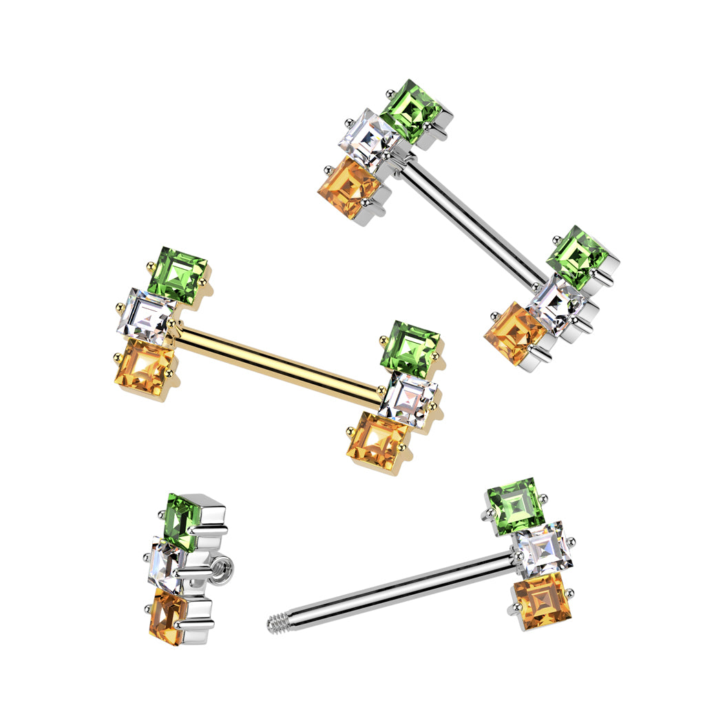Multicolor Square Crystal Nipple Barbell 14g