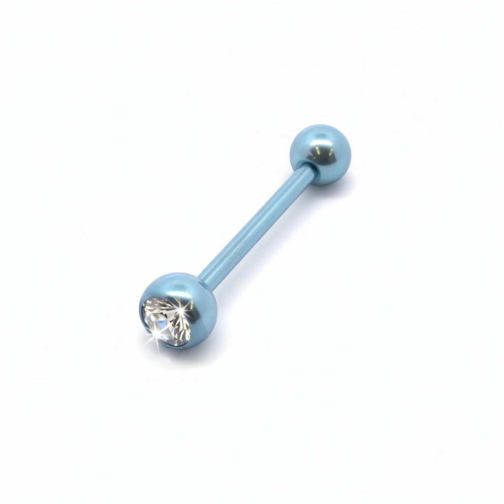 Premium PVD SS Bezel-Set Crystal Tongue Barbell 14g