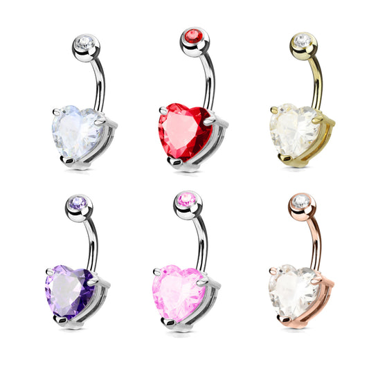 Surgical Steel Crystal Heart Claw-Set Navel Barbell 14g