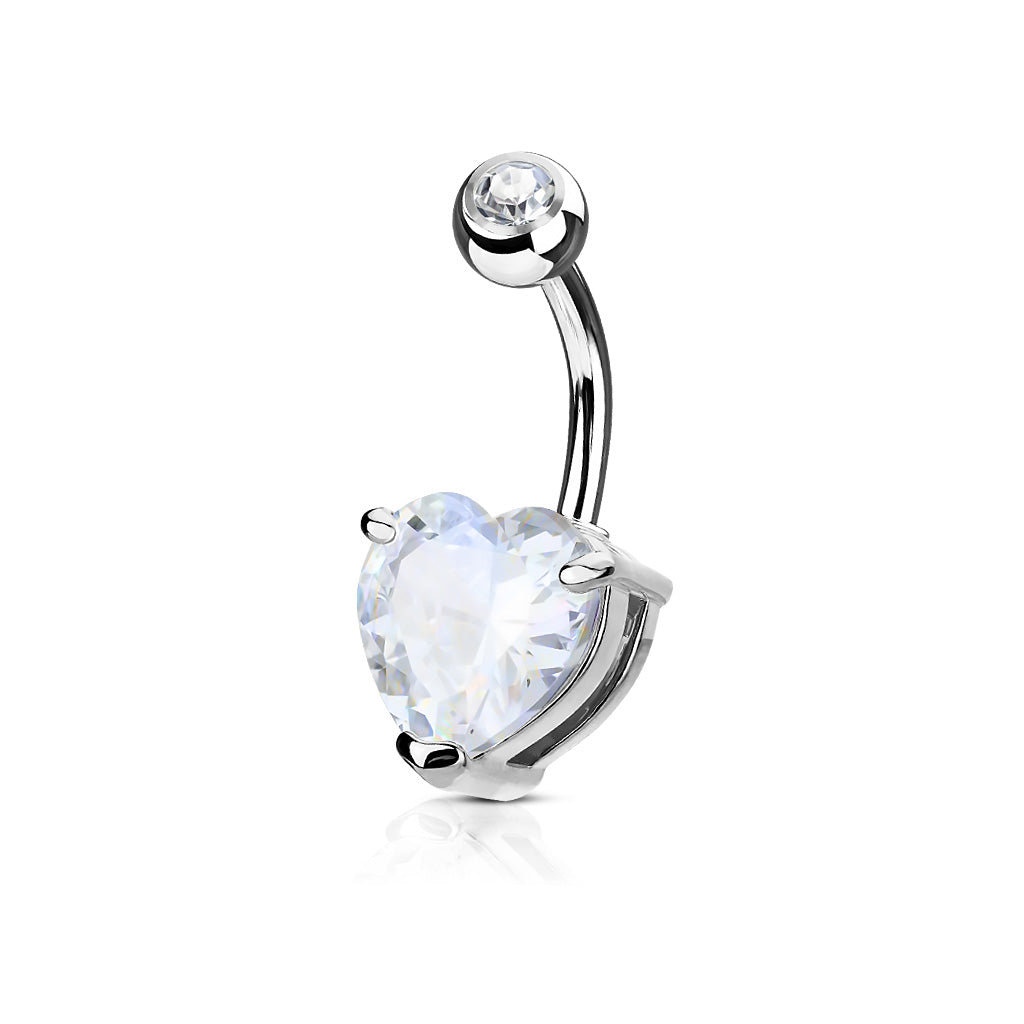 Surgical Steel Crystal Heart Claw-Set Navel Barbell 14g