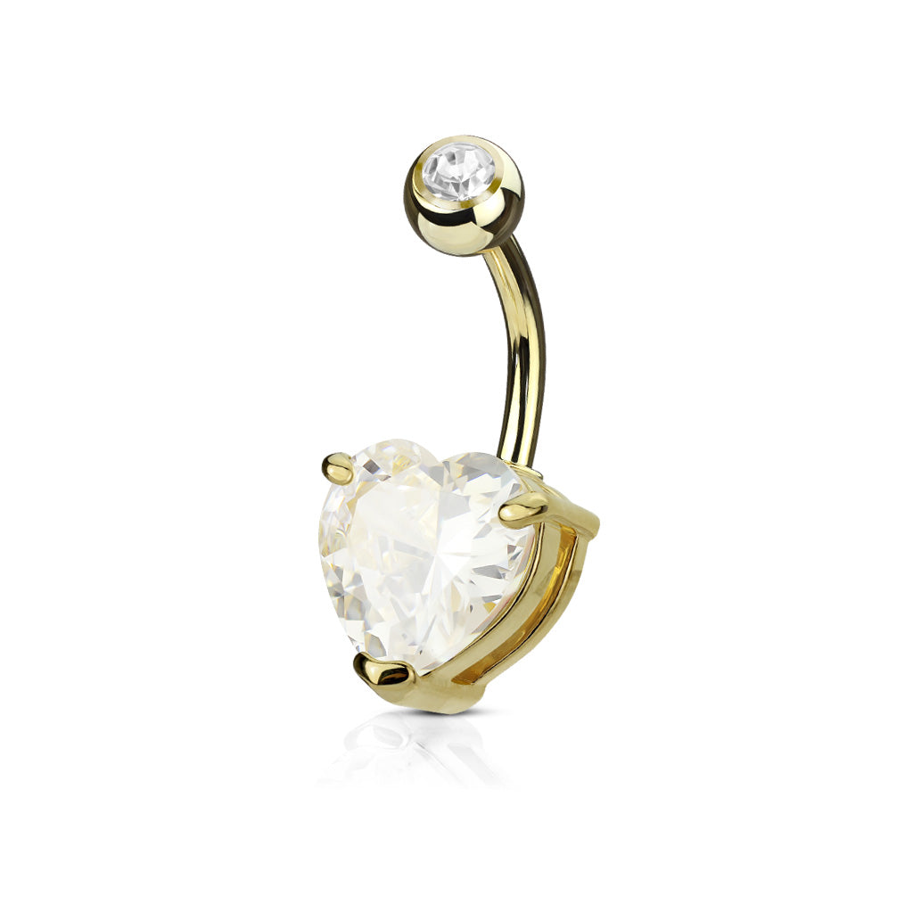 Surgical Steel Crystal Heart Claw-Set Navel Barbell 14g
