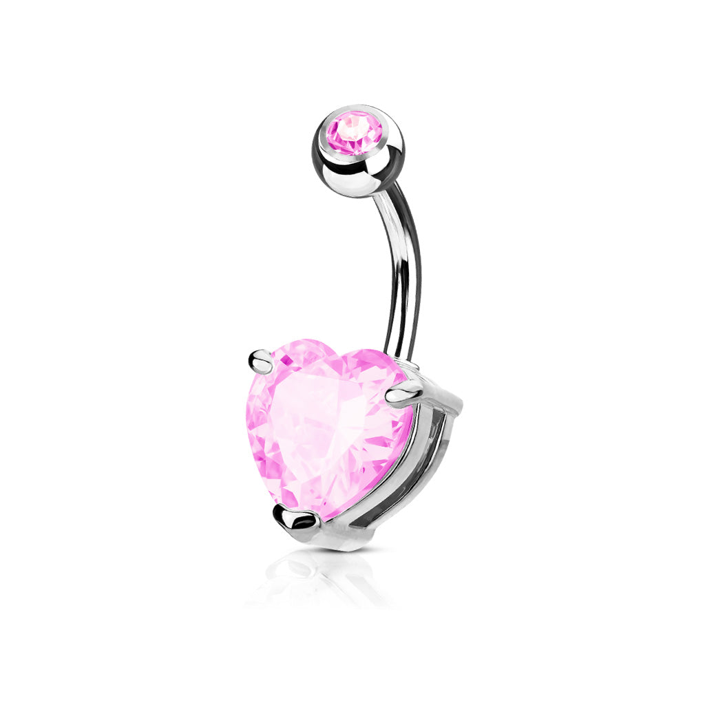 Surgical Steel Crystal Heart Claw-Set Navel Barbell 14g