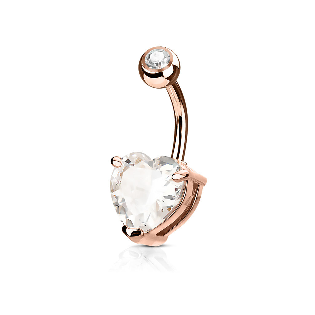 Surgical Steel Crystal Heart Claw-Set Navel Barbell 14g