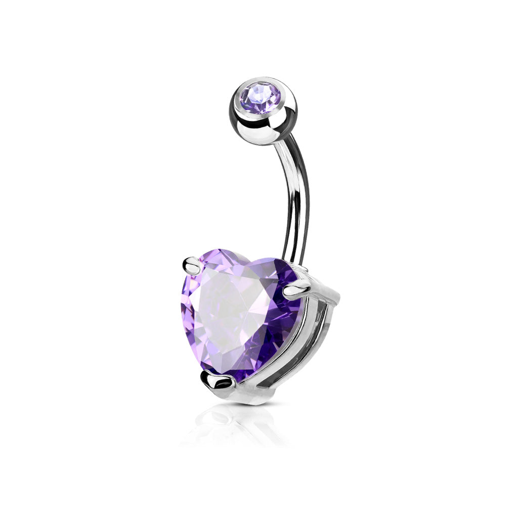 Surgical Steel Crystal Heart Claw-Set Navel Barbell 14g