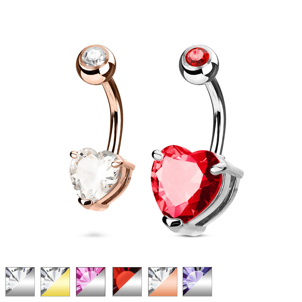 Surgical Steel Crystal Heart Claw-Set Navel Barbell 14g