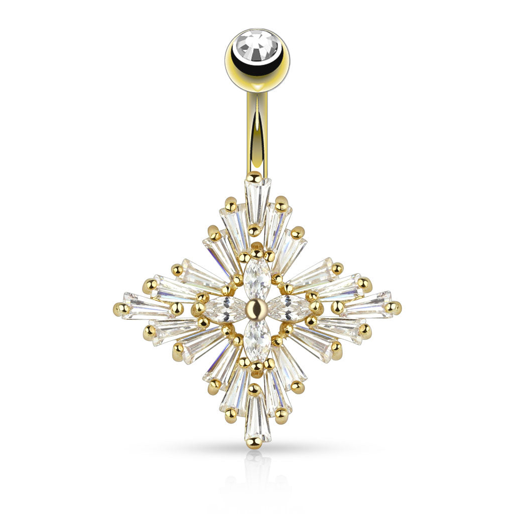 Claw-Set Baguette Starburst Crystal Belly Ring 14g