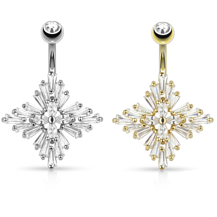 Claw-Set Baguette Starburst Crystal Belly Ring 14g