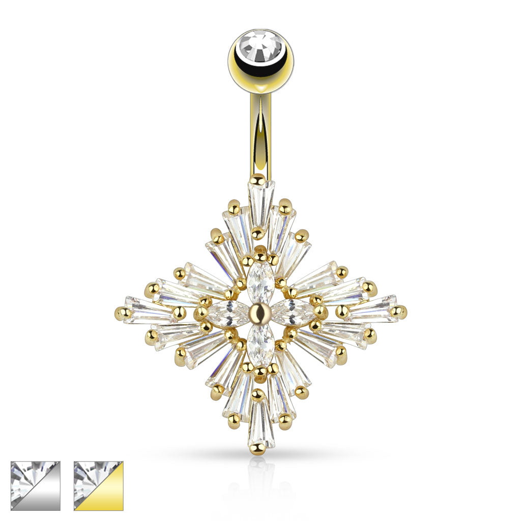 Claw-Set Baguette Starburst Crystal Belly Ring 14g