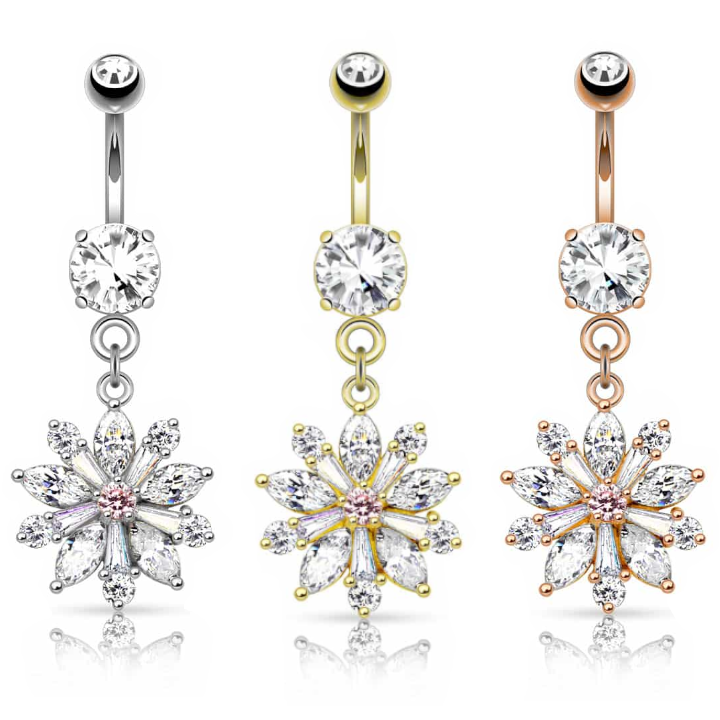 Claw-Set Pink Centre Crystal Flower Belly Dangle 14g