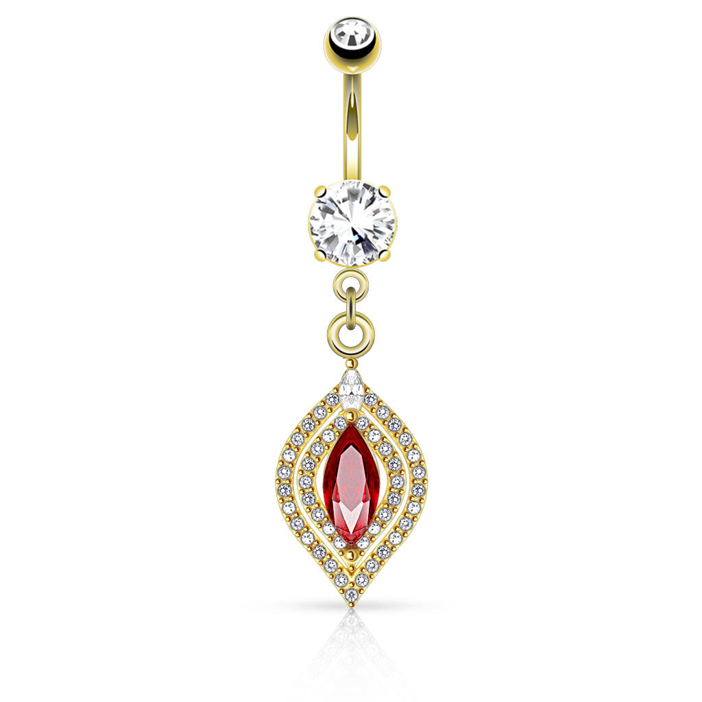 Red Marquise Crystal + Double Halo Belly Dangle 14g