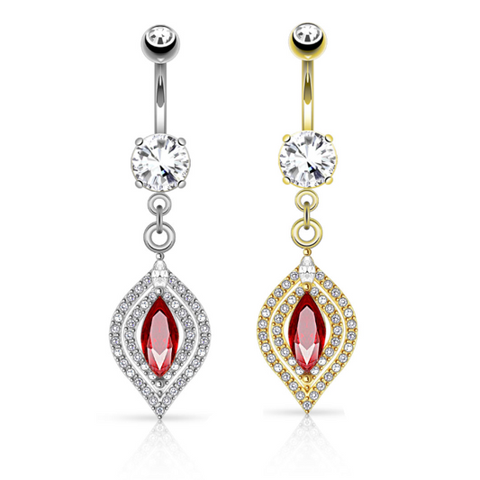 Red Marquise Crystal + Double Halo Belly Dangle 14g