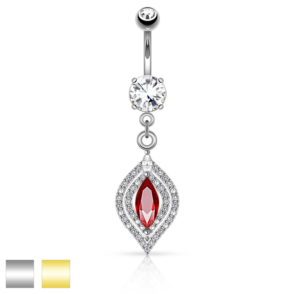 Red Marquise Crystal + Double Halo Belly Dangle 14g