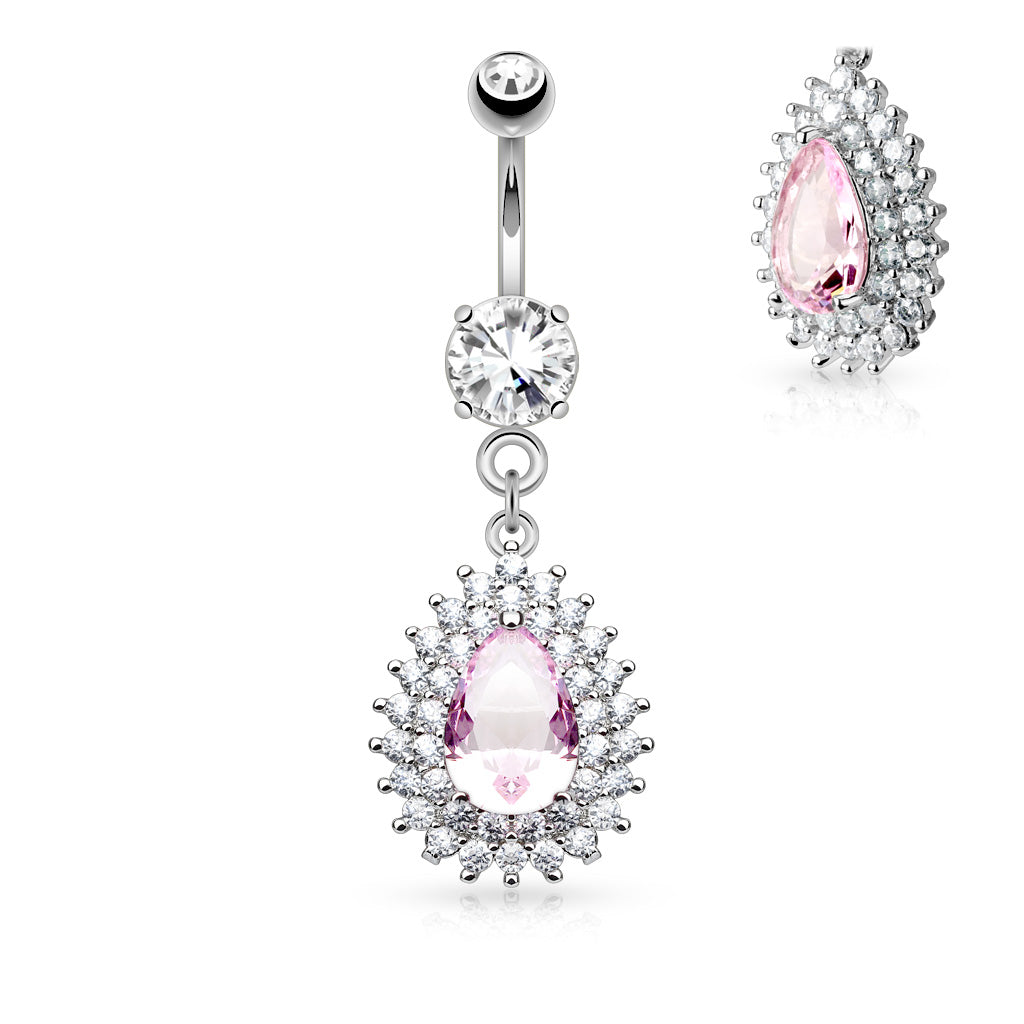Pavé-Set Pear Crystal Double Halo Belly Dangle 14g