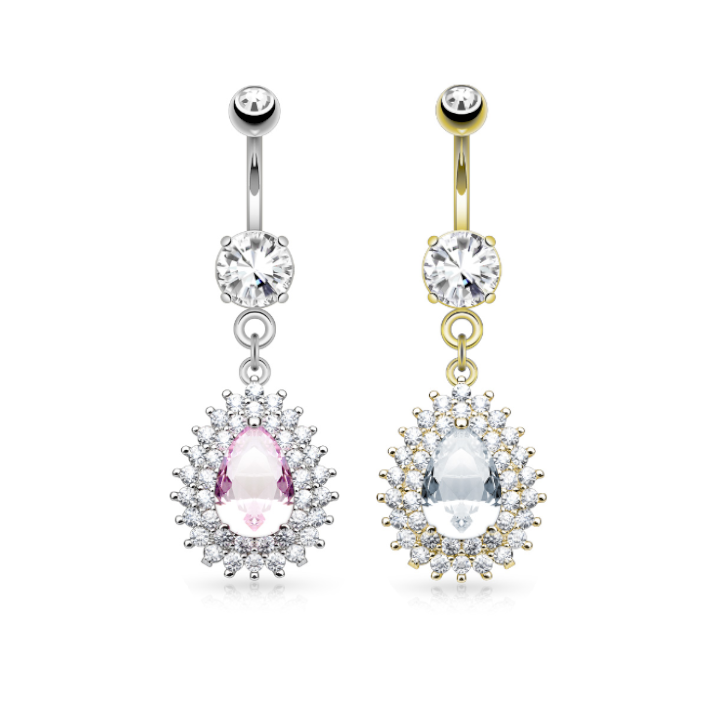 Pavé-Set Pear Crystal Double Halo Belly Dangle 14g